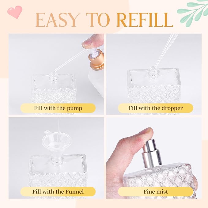 2 Pack 100ml Empty Perfume Bottles Refillable, Glass Perfume Atomizer with Funnels & Droppers, Leak-Proof Travel Perfume Spray Bottles, Fine Mist Sprayer for Cologne Essential Oils