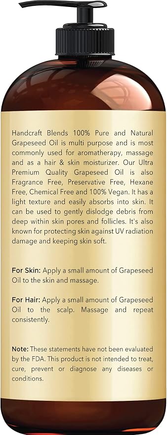 Handcraft Blends Grapeseed Oil | 100% Pure and Natural | Bath & Body Oil | Premium Grade Carrier Oil | Skin | Hair | Body | Massage | Cold-Pressed | Hexane-Free | 16 Fl Oz (Pack of 2)