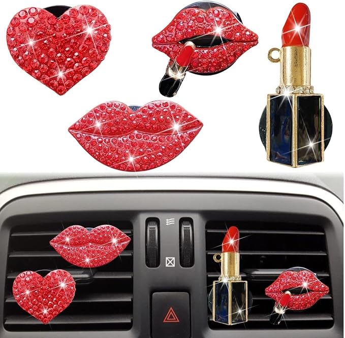 5 Pcs Bling Red Lips Air Vent Clips, Heart Shape Crystal Car Air Vent Clip Charms Car Air Fresheners for Women Rhinestone Diffuser Vent Clip Cute Car Decor Bling Cars Accessories,Interior Accessories