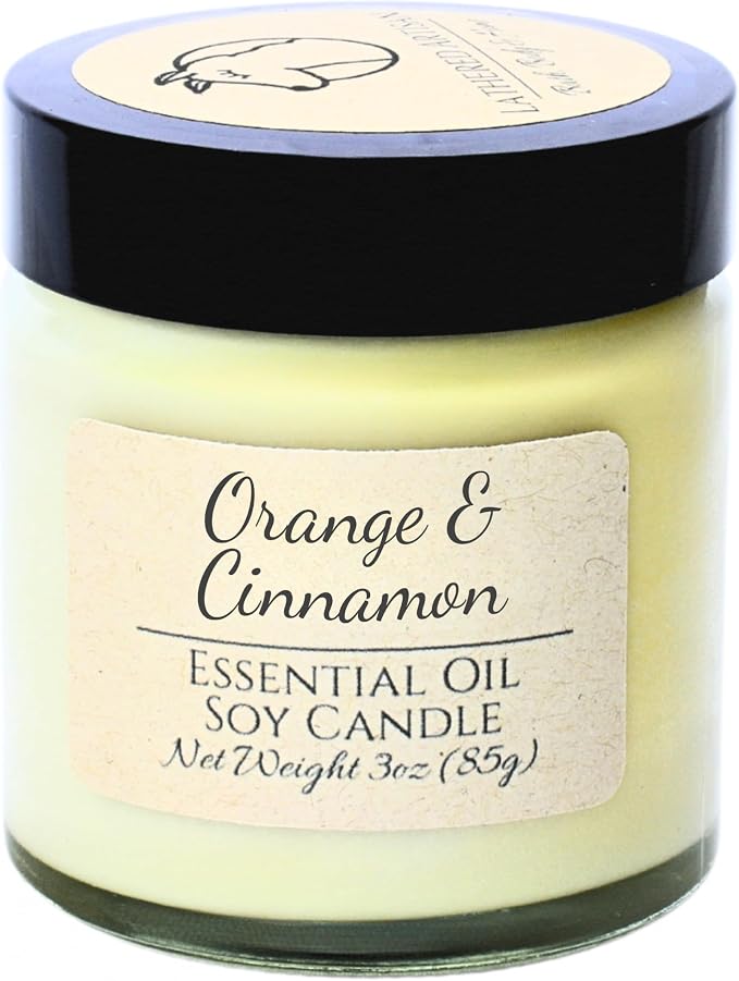 Orange & Cinnamon Essential Oil Candle 3 oz, Hand Crafted Pure Soy Wax Candle with Wooden Wick, Dried Flowers, 23 Hour Burn Time, Natural Aromatherapy Glass Jar Candle with Lid by Lathered Artisan