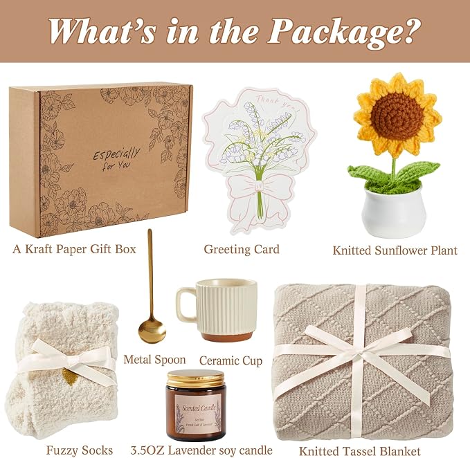 Birthday Gifts for Women, Sending Sunshine Sunflower, Self Care Set Get Well Soon Gift Baskets, Sending Hug Baskets Package, Thinking of You Gift for Mom Best Friend Wife Sister Grandma, Khaki