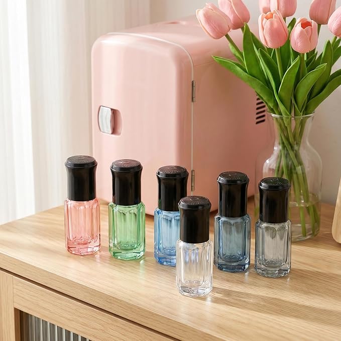 6Pcs 3ML Empty Clear Colorful Octagonal Glass Essential Oil Roller Bottles with Steel Roller Balls and Black Caps Refillable Perfume Roll-on Bottle Sample Dispensers Storage Container Vials Jars
