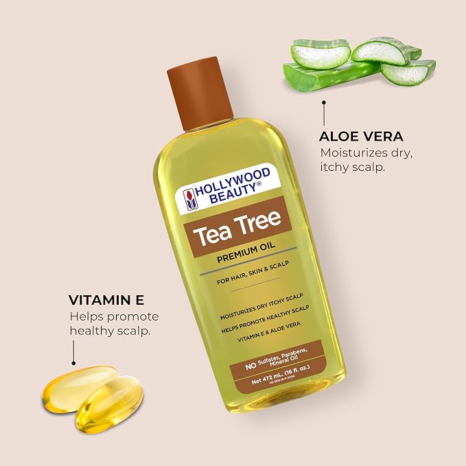 Hollywood Beauty Tea Tree Oil for Hair, Scalp, and Skin, 16 fl oz - Moisturizes Dry, Itchy Scalp, Fungus Fighter, Blended with Vitamin E & Aloe