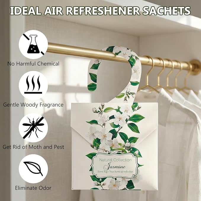 24 Pack Jasmine Sachets for Drawers and Closets, Lingering Jasmine Drawer Sachets Closets Freshener for Clothes Long Lasting