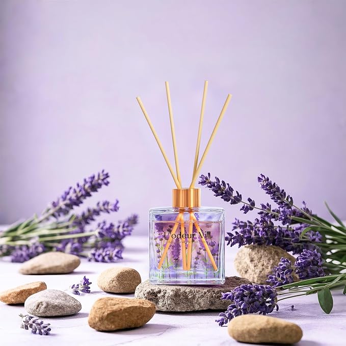 L'odeur Vill Reed Diffuser Set/Lavender Geranium/3.38 fl.oz（100ML）/1 Pack with 6 Reed Sticks/Home Fragrance Diffuser, Oil Scent Diffuser for Bathroom Shelf Decor.