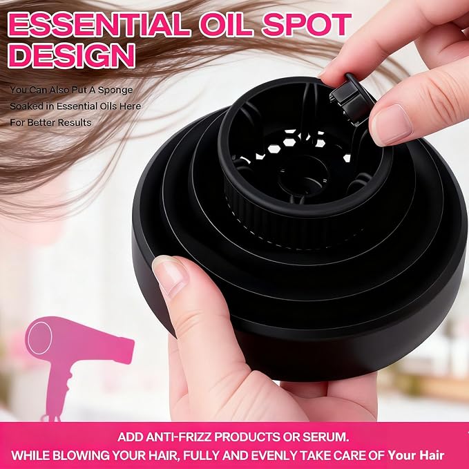 Universal Silicone Hair Dryer Diffuser Attachment, Collapsible & Portable Blow Hair Diffuser for Curly/Wavy Hair Travel Use, Lightweight Folding Fits 1.57-1.99" Nozzles for Salon Home (Black)