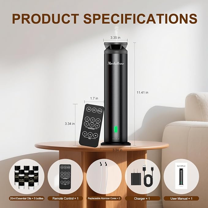 Waterless Scent Diffuser Starter Kit – 1000 Sq Ft Coverage, Suitable for Home & Hotel Series Diffuser, Includes 5 Scent Oils, Remote Control, Large Room Essential Oil Diffuser, Ultra Black