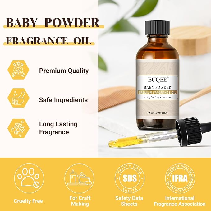 EUQEE Baby Powder Fragrance Oil Premium Fragrance Essential Oil 60ml with Glass Dropper for Aromatherapy, Candle Making, DIY Bath Bombs(2.02 Fl oz)