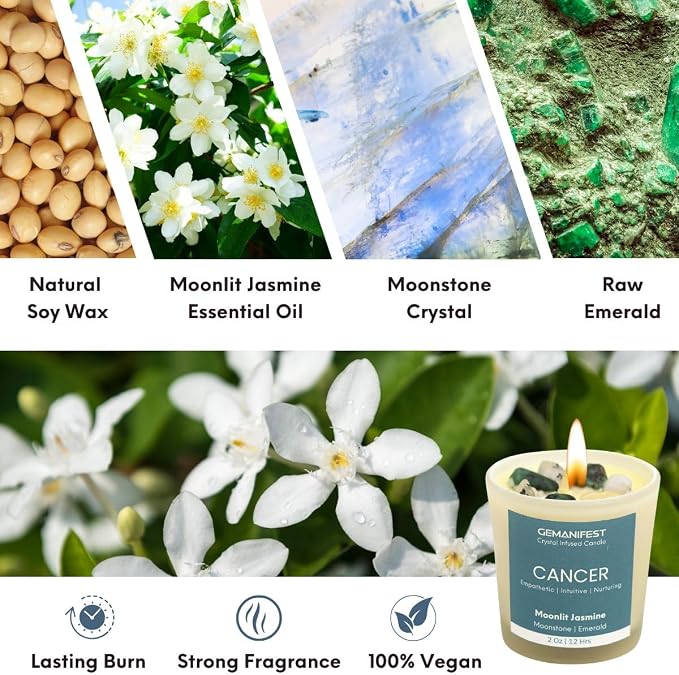 Cancer Zodiac Candle for Manifestation with Moonstone Bracelet Jasmine Soy Candles for Home Scented Zodiac Sign Gifts for Women Birthday Birthstone Gifts
