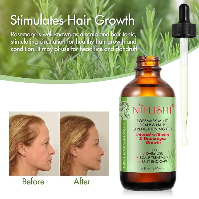 NIFEISHI Rosemary Oil for Hair Growth & Strengthening, Organic 60ml, Rosemary Mint Essential Oil for Scalp, Hair , Eyelashs, Eyebrows, Skin, Body Massage