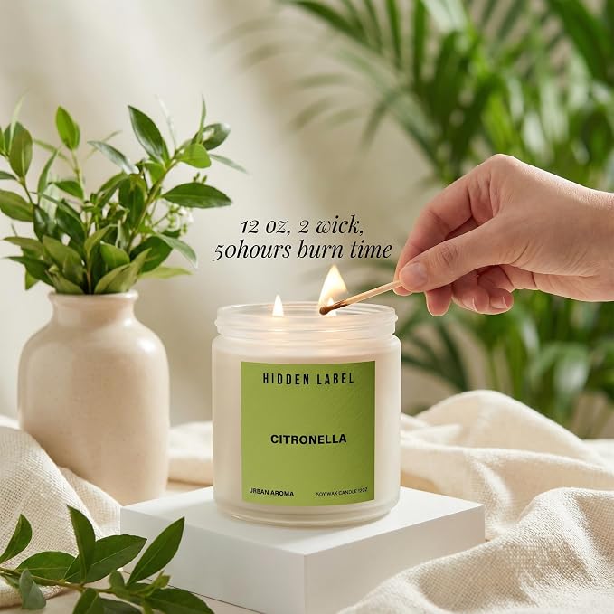 Hidden Label Citronella Candles Outdoor, 12oz 2-Wick, 50H Citrus Fresh | Non-Toxic Vegan Soy Wax | Citrus & Citronella Fresh Outdoor Scent | Even Melt No Tunneling | Patio Deck BBQ Indoor