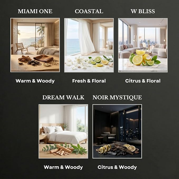 Scentia Luxury Diffuser Essential Oils Set – 5x20ml Discovery Collection, Miami One (Inspired by 1 Hotel Miami, Formerly My Way) Coastal (Formerly Cabana) & White Tea Spa Fragrance