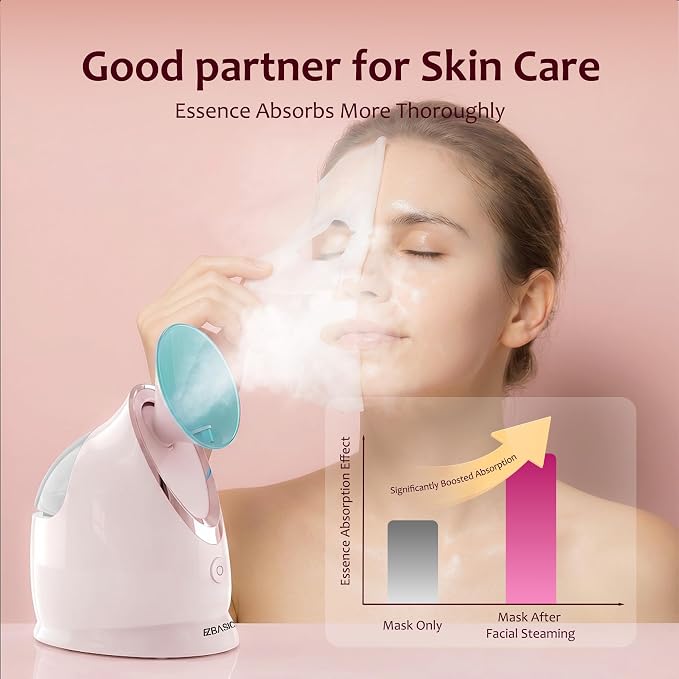 EZBASICS Facial Steamer - Professional Nano Ionic Face Steamer for Facial Deep Cleaning, Warm Mist Humidifier for Home Spa, Unclogs Pores Sinus, Bonus 5 Piece Stainless Steel Skin Kit (Blue)
