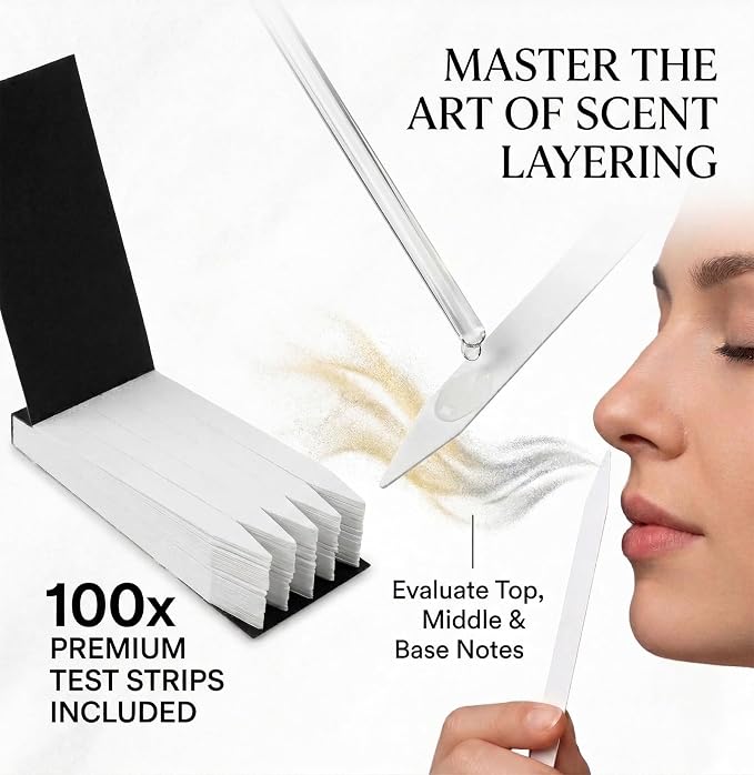 56 Pcs Perfume Making Kit - Includes 100 Fragrance Test Strips, 20 Sample Vials, Roller & Spray Bottles, Glass Beakers, Stirring Rods & Pipettes - DIY Essential Oil Blending Tools, No Oils