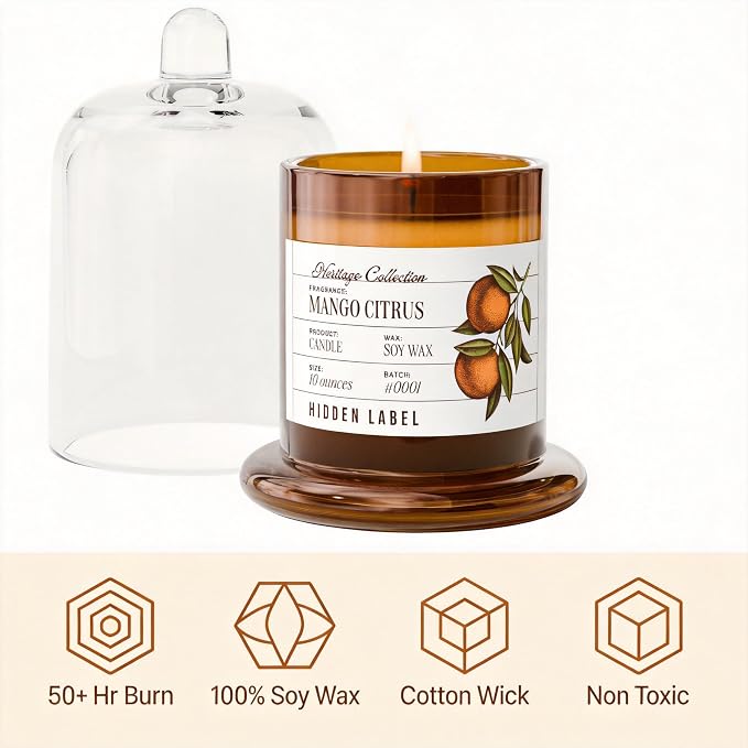 Hidden Label Mango Citrus Scented Candle - 10oz Non Toxic Candles for Home Scented with Clear Bell Jar, Natural Soy Wax Clean Burning Aromatherapy Candle for Spa/Yoga/Meditation & Stress Relief Gifts