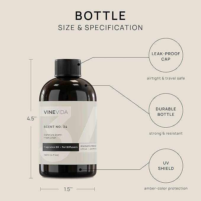 VINEVIDA Fresh Linen Fragrance Oil for Cold Air Diffusers - 4 Fl Oz - Essential Oils for Diffuser Oil Refill & Air Freshener Room Spray