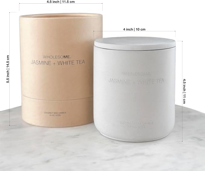 WHOLESOME. Jasmine White Tea Scented Non-Toxic Candles for Home, 2 Wicks Natural Coconut Wax Candle Eco-Friendly, Luxury Aromatherapy Candles Stress Relief, 16 oz Large Concrete Jar, 90 Hours Burn