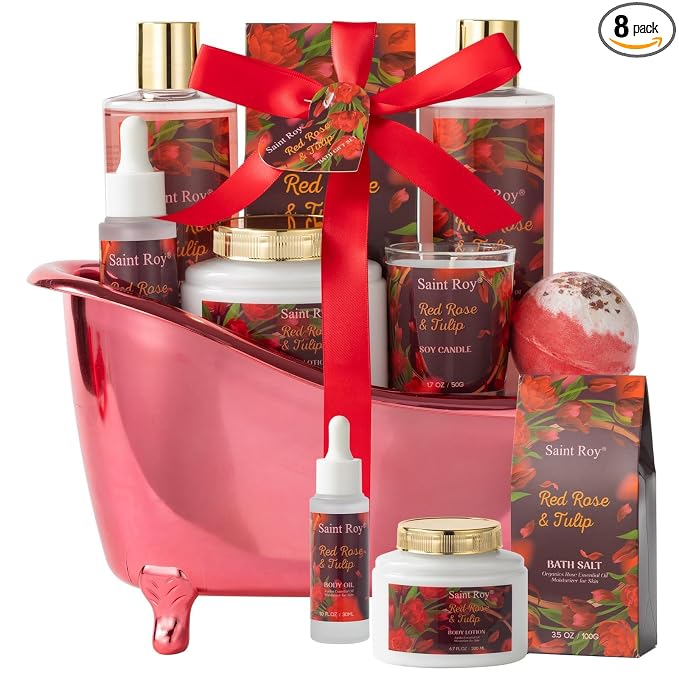 Spa Gift Basket Gifts for Women, spa kit Gifts for Her Mother's Day Bath Spa Gift Set Red Rose & Tulip Spa Basket Kits for Women, Bath & Body Set, Self Care Pamper Kit, Self-care baskets Mother Gift