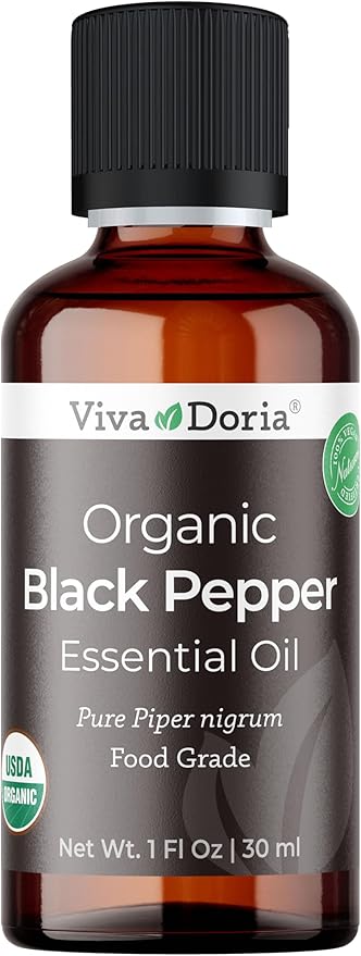 Viva Doria Black Pepper Essential Oil, USDA Certified, Organic Black Pepper Oil, 100% Pure, Natural Essential Oil, Undiluted, for Aromatherapy | Food Grade, 30 mL (1 Fluid Ounce)