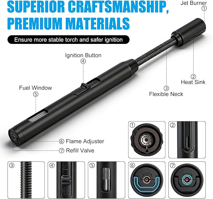 LcFun Torch Lighter Refillable Butane Lighters Long Stem with Flexible Neck and Visible Fuel Tank, Windproof Jet Flame Long Matches for Candles Grill Fireplace Kitchen Camping (Butane Not Included)