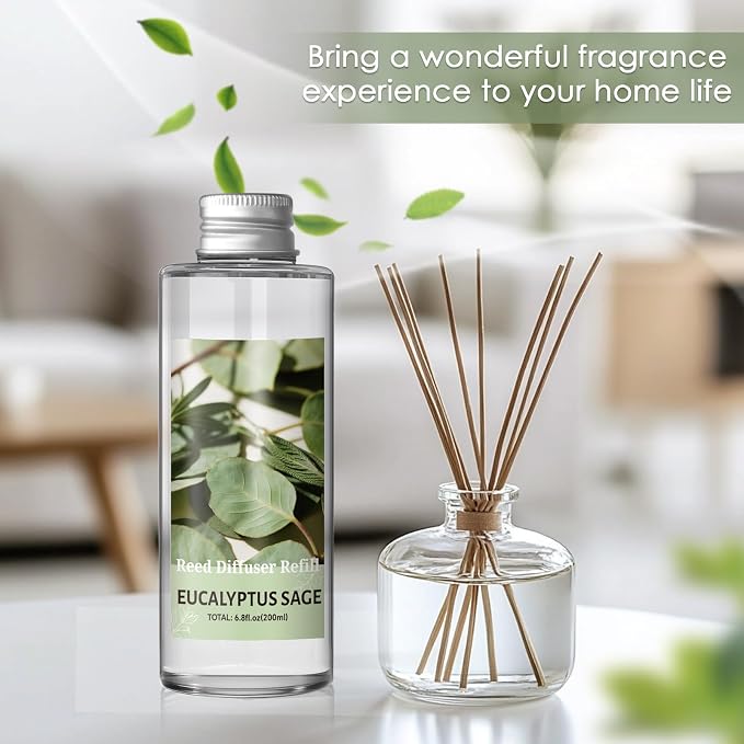 SCENTORINI Reed Diffuser Oil Refill, Eucalyptus Sage Diffuser Oil 6.76 Fl Oz, Natural Scented Essential Oil Refill Long Lasting Summer Home Fragrance for Room Spa Aromatherapy Bathroom Home Decor
