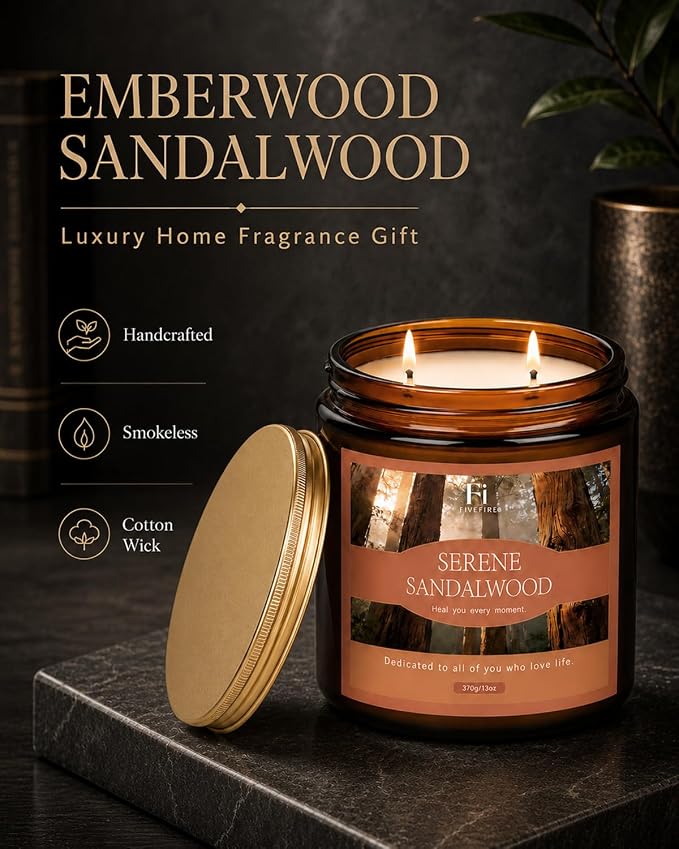 Sandalwood Scented Candles, 13 oz Soy Wax Candle with Cotton Wick, 76-Hour Clean Burning, Non-Toxic Woodsy Scent for Relaxation & Focus, Aromatherapy Candle, Housewarming Gift