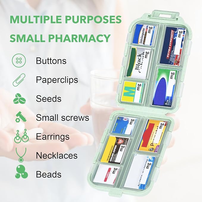 Travel Medicine Organizer with 189 Labels, 7 Day Daily Pill Organizer Travel Pill Container Medicine Organizer Pill Case Travel (Green, 1 Pack)