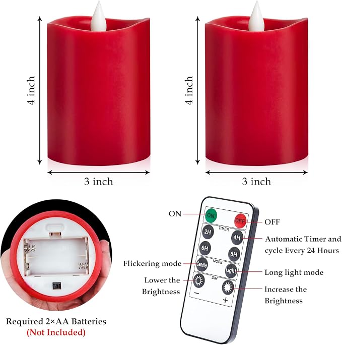 3" x 4" Red Flameless Candles - LED Pillar with Remote, Timer, Flickering, 600+ Hour Battery Life, Ideal for Christmas, Halloween, and Indoor Decor (Red, 3"*4"-2pcs)
