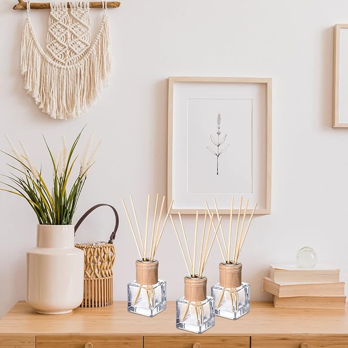 Roshtia 40 Set Reed Diffuser Bottle Empty Refillable Fragrance Glass Diffuser Bottles with Wooden Caps Rattan Sticks 50ml 1.7 oz Glass Jars for DIY Fragrance