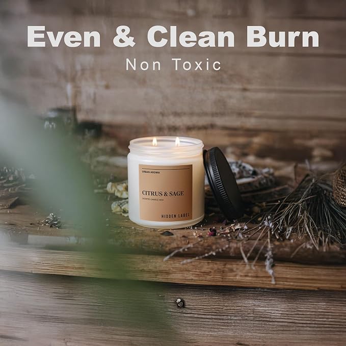 Hidden Label Citrus Sage Soy Candle, 12oz 2-Wick, 70H Focus & Calm | Non-Toxic Natural Wax, Paraben & Phthalate-Free, Clean Burn | Elegant Decor & Gift-Ready | Productivity & Stress Relief