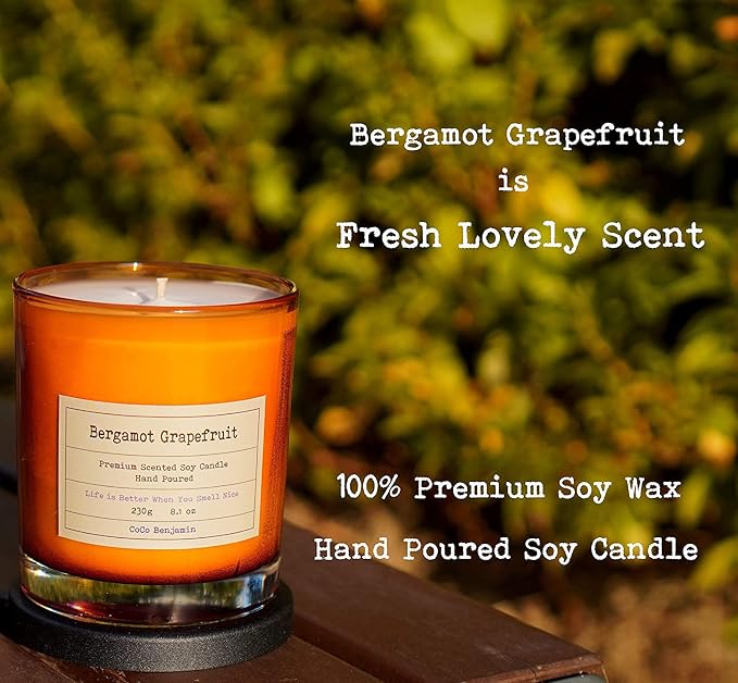 100% Natural Soy Wax Candle by CoCo Benjamin - Highly Scented & Hand-Poured Luxury Candle (Bergamot Grapefruit)- Clean Burning Cotton Wick