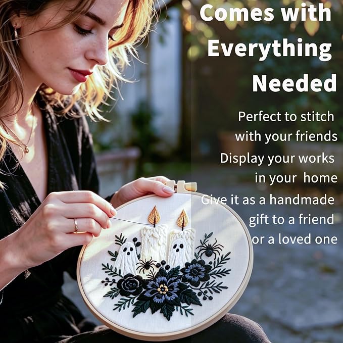 FONNUY Halloween Embroidery Kits for Beginners,Skull Pumpkin Spider Web Floral Stamped Cross Stitch Kit for Adults, Spooky Season Boho Wall Decor, 8'' Hoop (Candles)