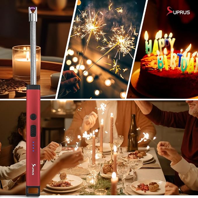 SUPRUS Rechargeable Candle Lighter Electric Arc Triple Safety Long Lighter Stainless Steel Shell & Hanging Hook (Red)
