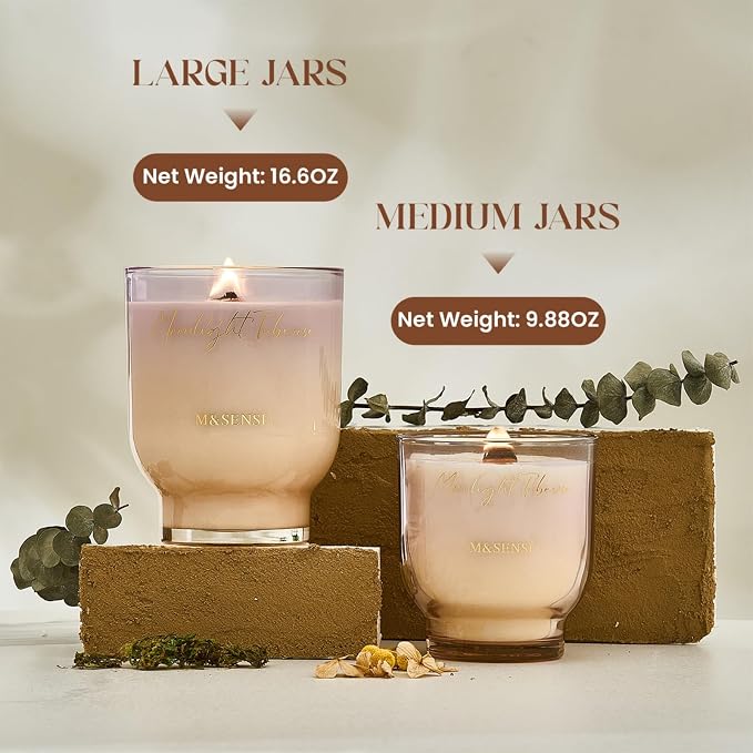 M&SENSE 9.9oz Natural Soy Wax Jar Candle with Wooden Wick | Moonlight Tuberose Scent | 55-Hour Burn & Long-Lasting Burn | Housewarming Gift for Men and Women