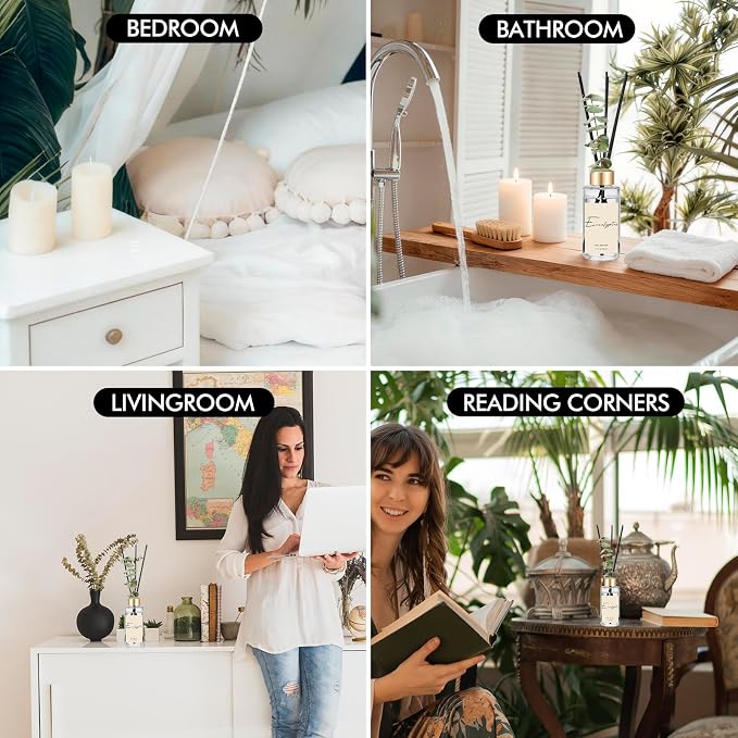 Reed Diffuser Set of 3, Eucalyptus, Linen & Ocean Scented Oil Diffusers with 15 Reeds, Long-Lasting Home Fragrance for Bedroom & Bathroom Decor, 1.7 fl oz Each, Total 5.1 oz