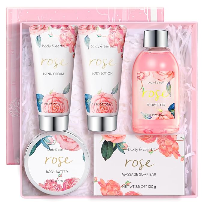 BODY & EARTH Spa Gift Set for Women - Luxurious 5 Pcs Bath and Body Box, Rose Scent, Includes Body Wash, Body Butter, Body Lotion and More, Birthday Mothers Day Gifts for Mom Self Care Kit for Her