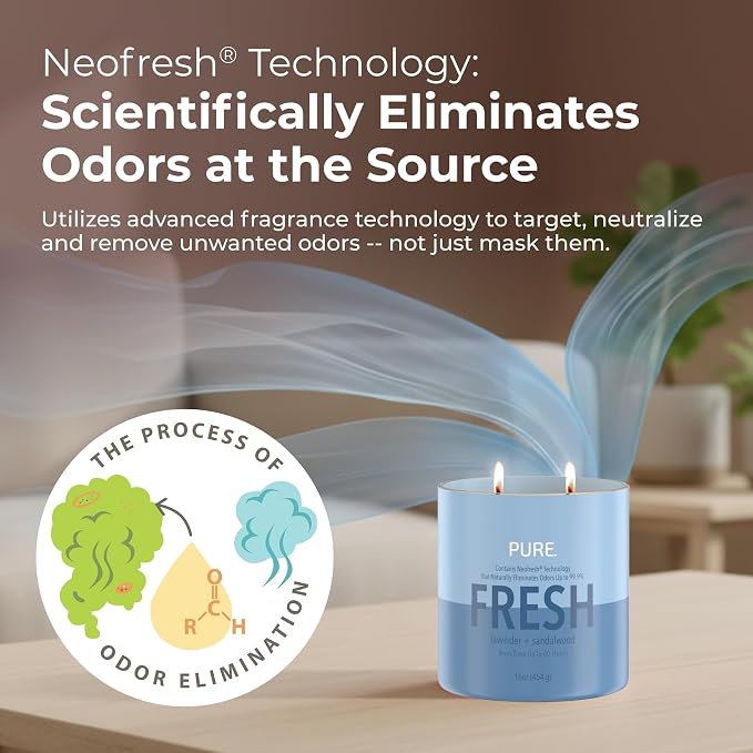 Candle-Lite Pure Lavender & Sandalwood Odor Eliminating Scented Candles, Neofresh Technology Eliminates 99.9% of Odors, 16 oz 2-Wick Jar, Proudly Poured in The USA, Up to 60 Hours Burn Time