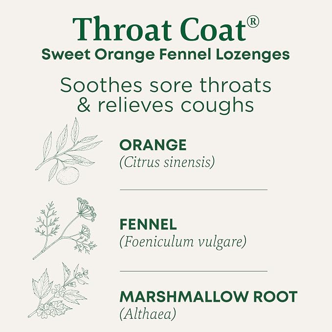Traditional Medicinals Organic, Throat Coat Lozenges, Sweet Orange Fennel with Menthol - Herbal Cough Drops, Helps Soothe Sore Throat & Relieve Cough - Non-GMO, Stimulant-Free - 16 Count
