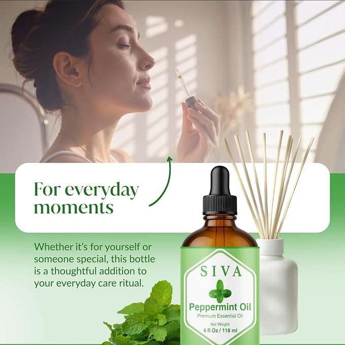 Siva Peppermint Essential Oil 4 Fl Oz – for Diffuser, Skin & Hair Care – Ideal for Aroma, Massage & DIY Blends- with Dropper