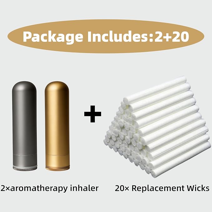 Metal Nasal inhalers for Essential Oils Refillable Aluminum Aromatherapy Inhaler Comes with 20 Cotton Wicks - for Aromatherapy (2+20 pc)