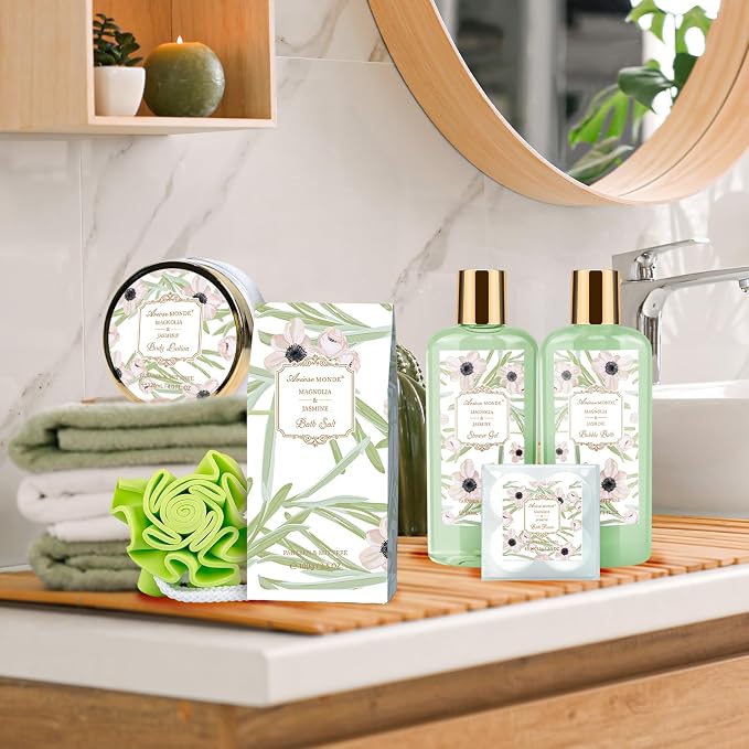 Spa Gifts for Women, Bath Sets, 7Pcs Spa Gift Set w/Shower Gel, Bubble Bath, Bath Salts, Bath Bomb, Body Lotion, Christmas Gifts for Women, Magnolia & Jasmine Bath Set