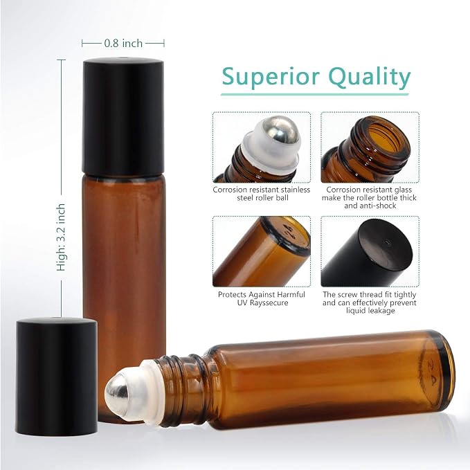 Mavogel 24 Pack 10ml Roller Bottles for Essential Oils, Amber Glass with Stainless Steel Roller Balls, Roller Bottles with Caps for Travel, Perfume and Lip Gloss