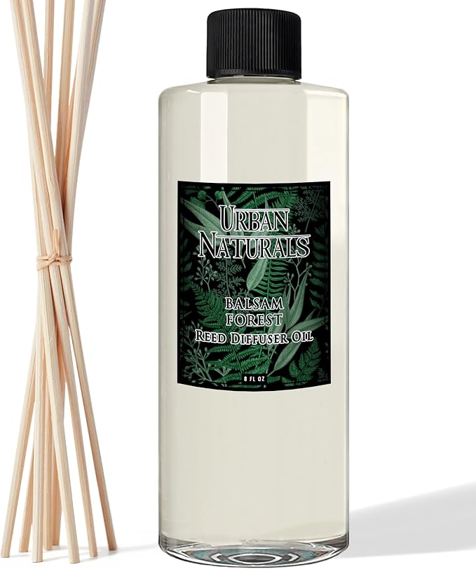 Urban Naturals Reed Diffuser Oil Refill Balsam Forest with Balsam Fir, Pine Needles, Evergreen, Cedar, Sandalwood 8 oz + Free Reed Sticks, Made in the USA