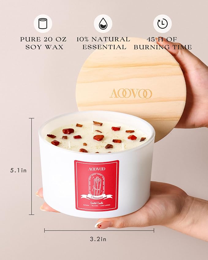 AOOVOO Apple Cinnamon Scented Candles for Women - 20oz 3 Wick Soy Candles for Home Scented, Aromatherapy Candle with Crystals Inside, Birthday Gifts Valentines Day Candle for Women Mom