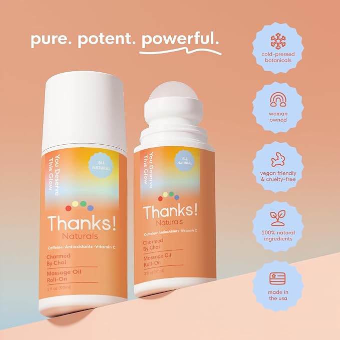 Massage Oil Roll On, Charmed by Chai, Vegan, Cold Pressed Roll On with Vitamin C, Cinnamon, Cardamom, & Caffeine, Use After Shower or Before Bed, Self Care Essential, 3 FL OZ