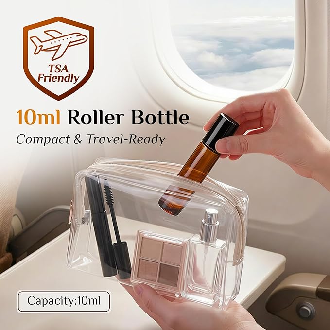 PrettyCare Set of 24, 10 ml Amber Glass Roller Bottles for Essential Oil with Stainless Steel Roller Ball - Refillable Leak-proof Empty Roll on Bottles with Black Caps for Travel, Perfume,Lab