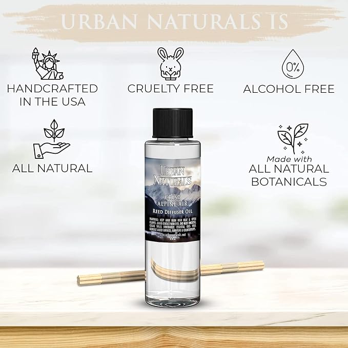 Urban Naturals Reed Diffuser Oil Refill, Crisp Alpine Air Diffuser Oils with Eucalyptus, Pine, Citrus, 4 oz + Free Reed Sticks, Made in the USA