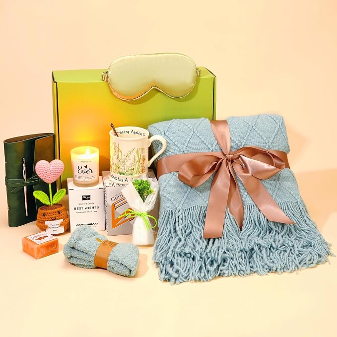 Sending Hugs Self-Care Gift Basket, Spa Relaxation Gifts for Women Her - Cozy Plush Throw, Inspirational Mug, Scented Candle & Journal for Get Well Soon, New Mom, Best Friend, Birthday (Aqua)