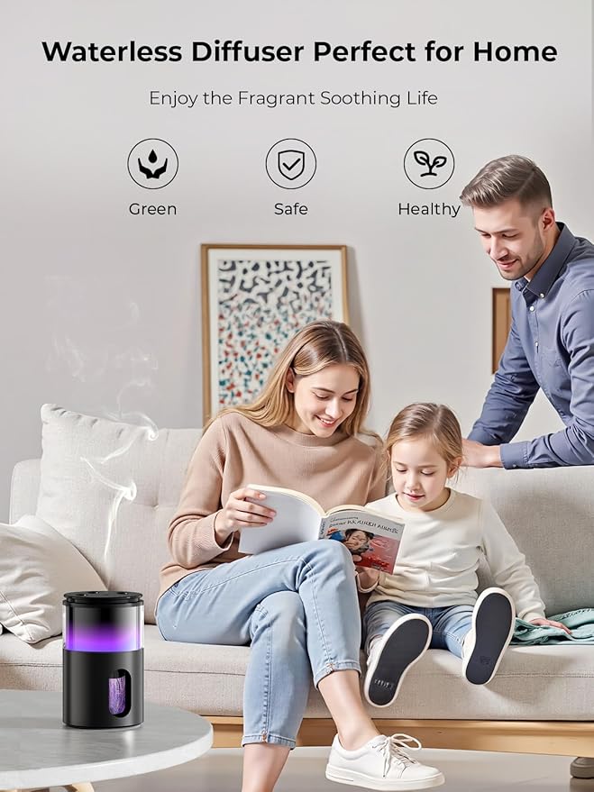 Waterless Essential Oil Diffuser: 𝟗 𝐂𝐨𝐥𝐨𝐫𝐬 𝐋𝐄𝐃 Scent Diffuser for Home&Car&Office - Portable Diffuser with 48H Battery, 4 Timers & 3 Mist Levels, Carbon Black
