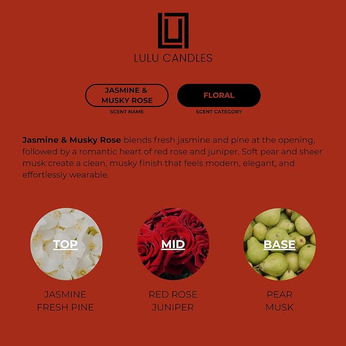 Lulu Candles | Jasmine & Musky Rose | Luxury Scented Soy Jar Candle | Hand Poured in The USA | Highly Scented & Long Lasting | 9 Oz.